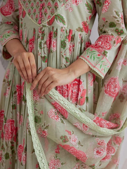 Mint Rose Printed Flared Kurta Pant Set