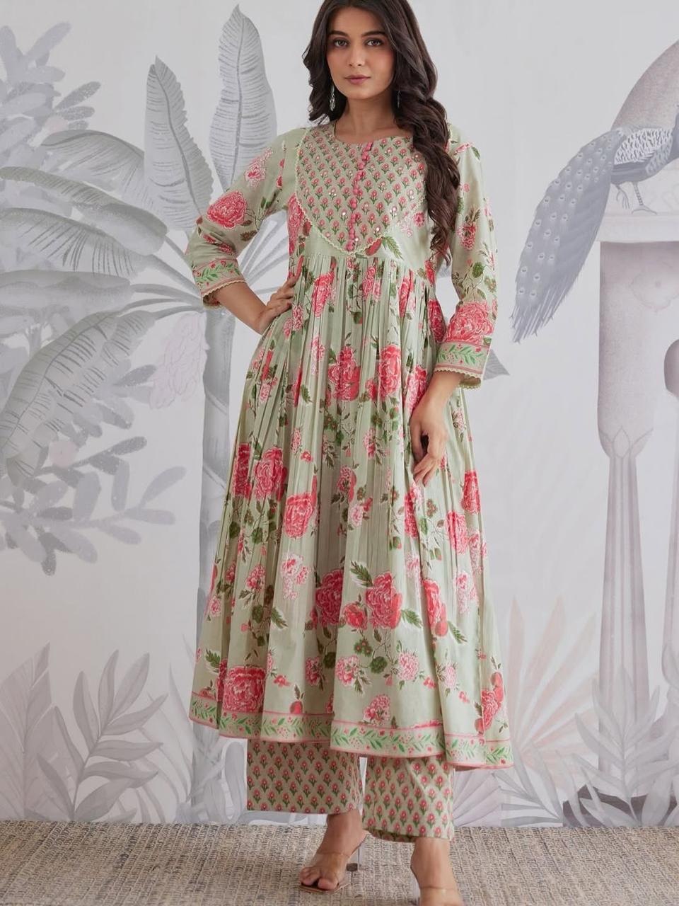 Mint Rose Printed Flared Kurta Pant Set