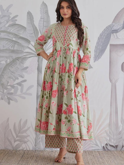 Mint Rose Printed Flared Kurta Pant Set