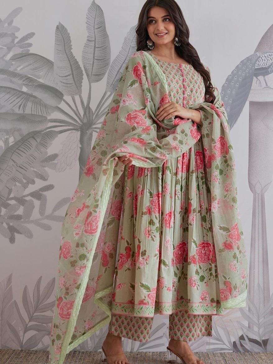 Mint Rose Printed Flared Kurta Pant Set