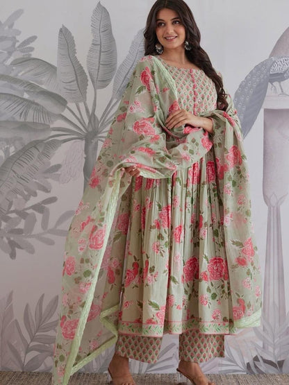 Mint Rose Printed Flared Kurta Pant Set