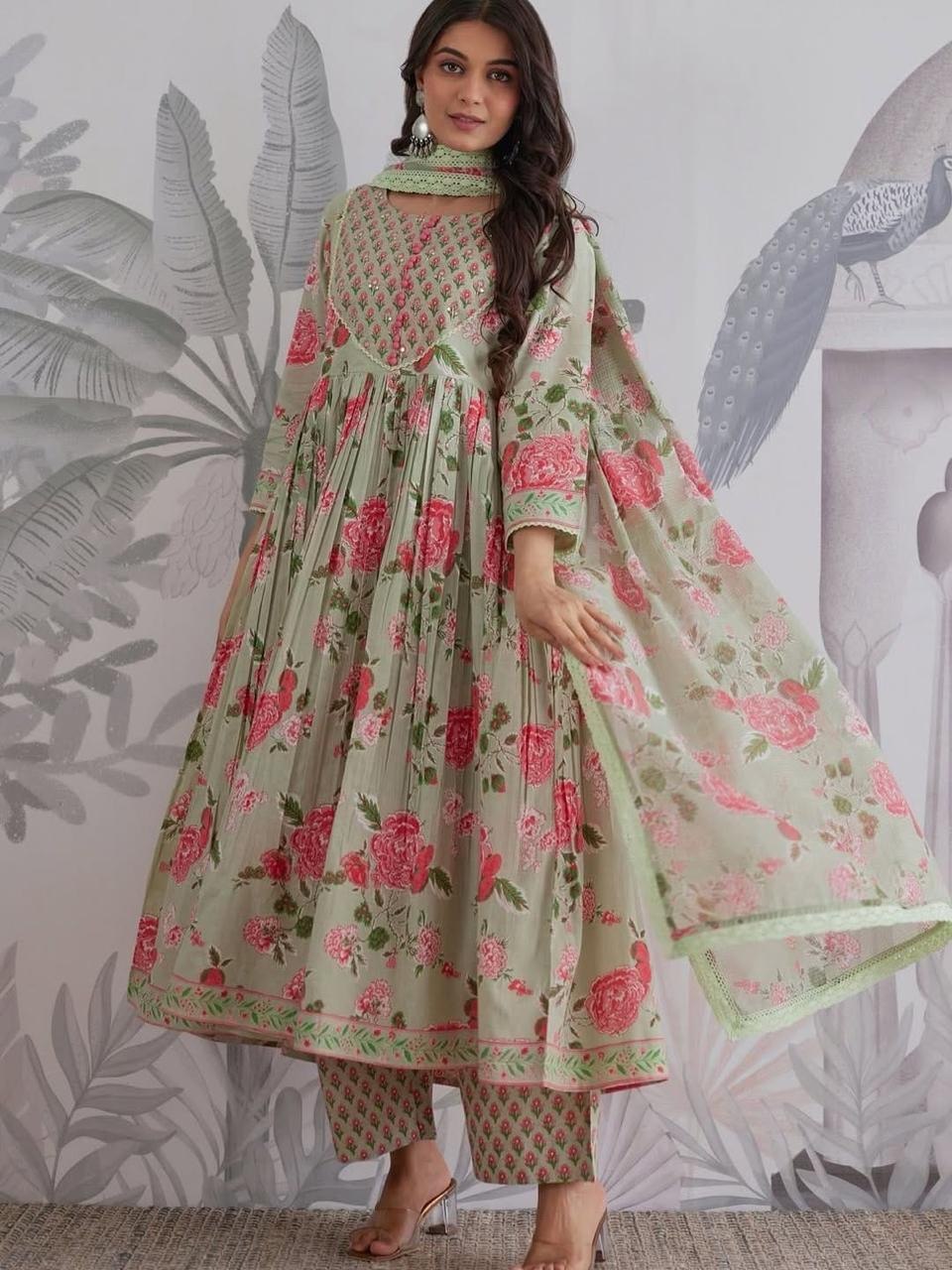 Mint Rose Printed Flared Kurta Pant Set