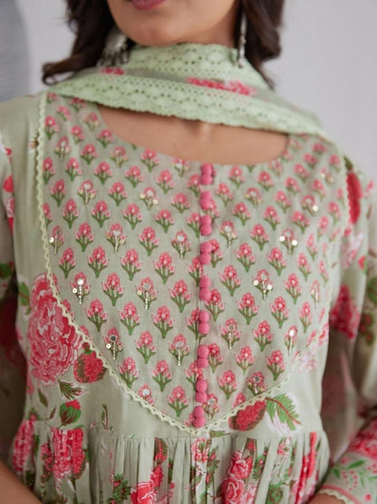 Mint Rose Printed Flared Kurta Pant Set