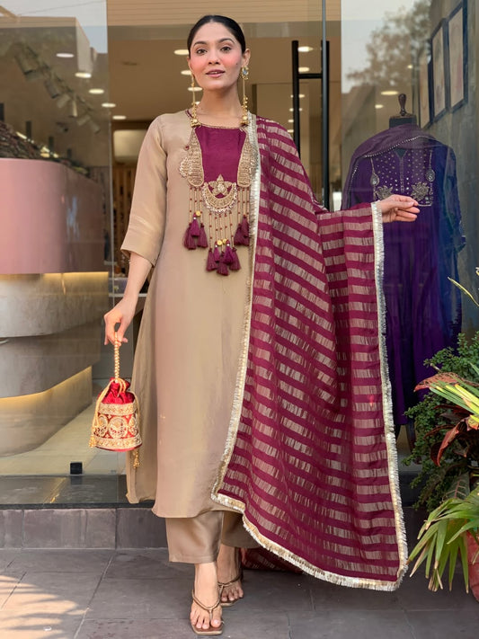 Ziya Mocha Kurta Set with Maroon Striped Dupatta