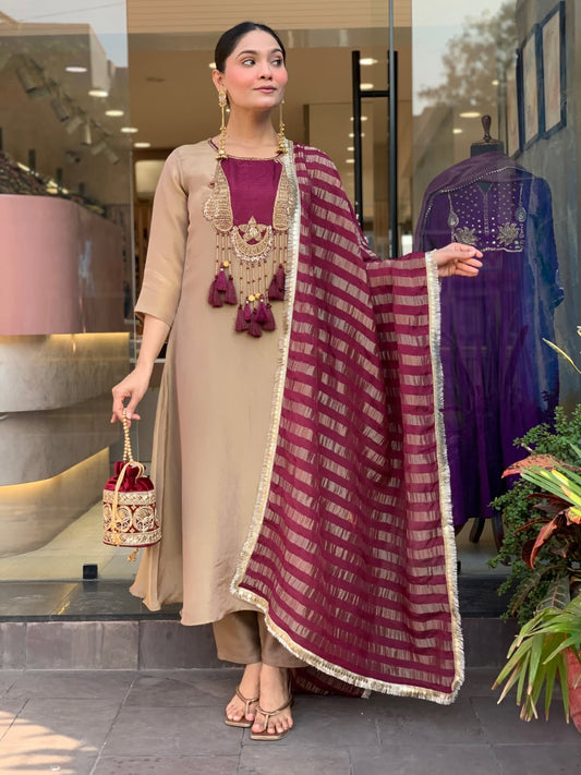 Ziya Mocha Kurta Set with Maroon Striped Dupatta