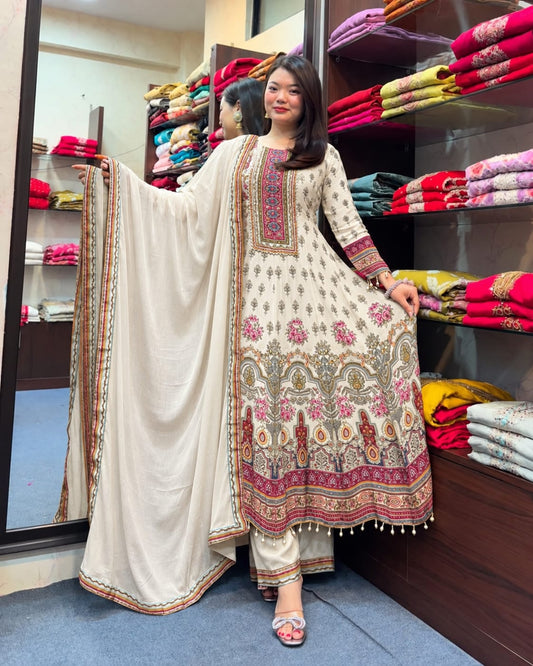 Graceful Off-White Floral Anarkali Suit Set