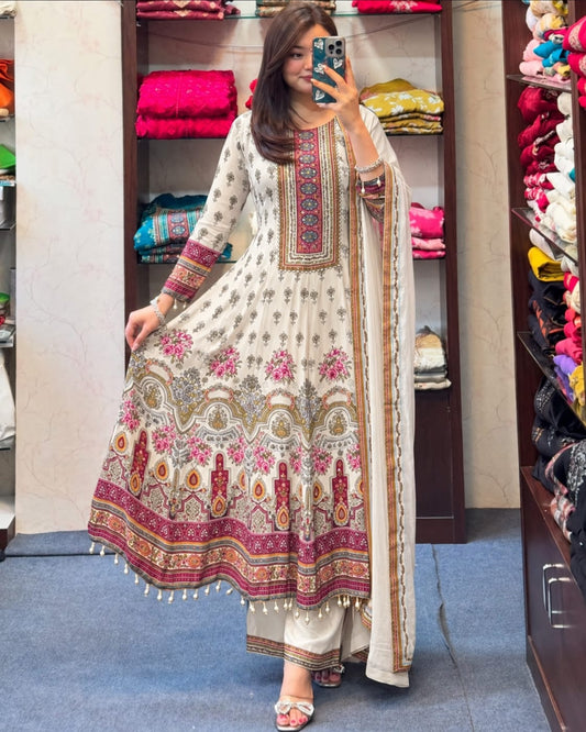 Graceful Off-White Floral Anarkali Suit Set