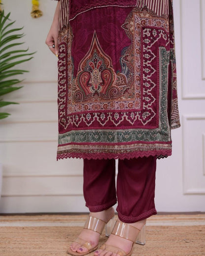 Beautiful Maroon Printed Straight Suit Set