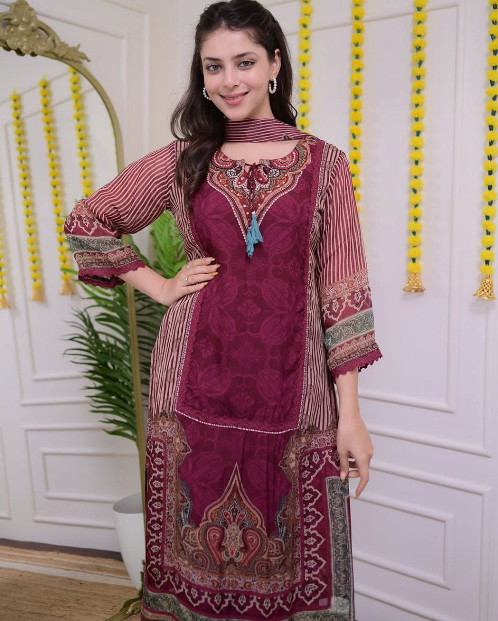 Beautiful Maroon Printed Straight Suit Set