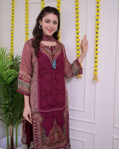 Beautiful Maroon Printed Straight Suit Set