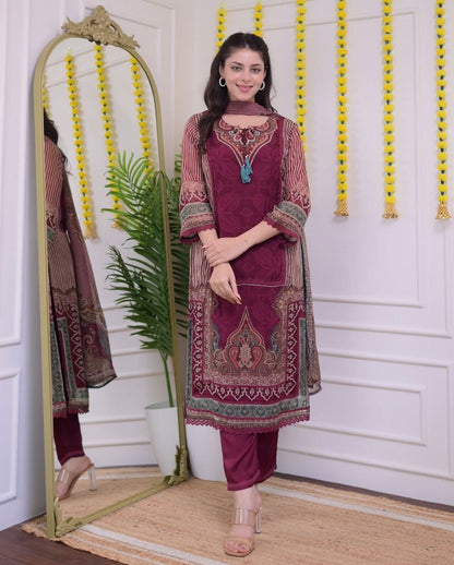 Beautiful Maroon Printed Straight Suit Set