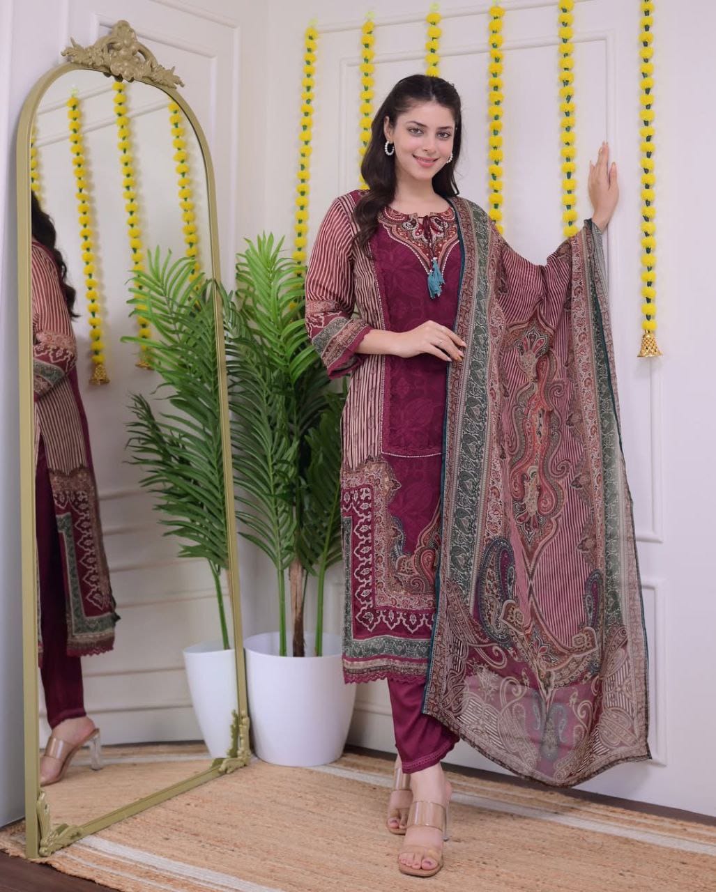 Beautiful Maroon Printed Straight Suit Set