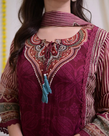 Beautiful Maroon Printed Straight Suit Set