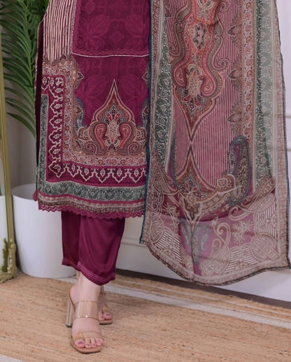 Beautiful Maroon Printed Straight Suit Set