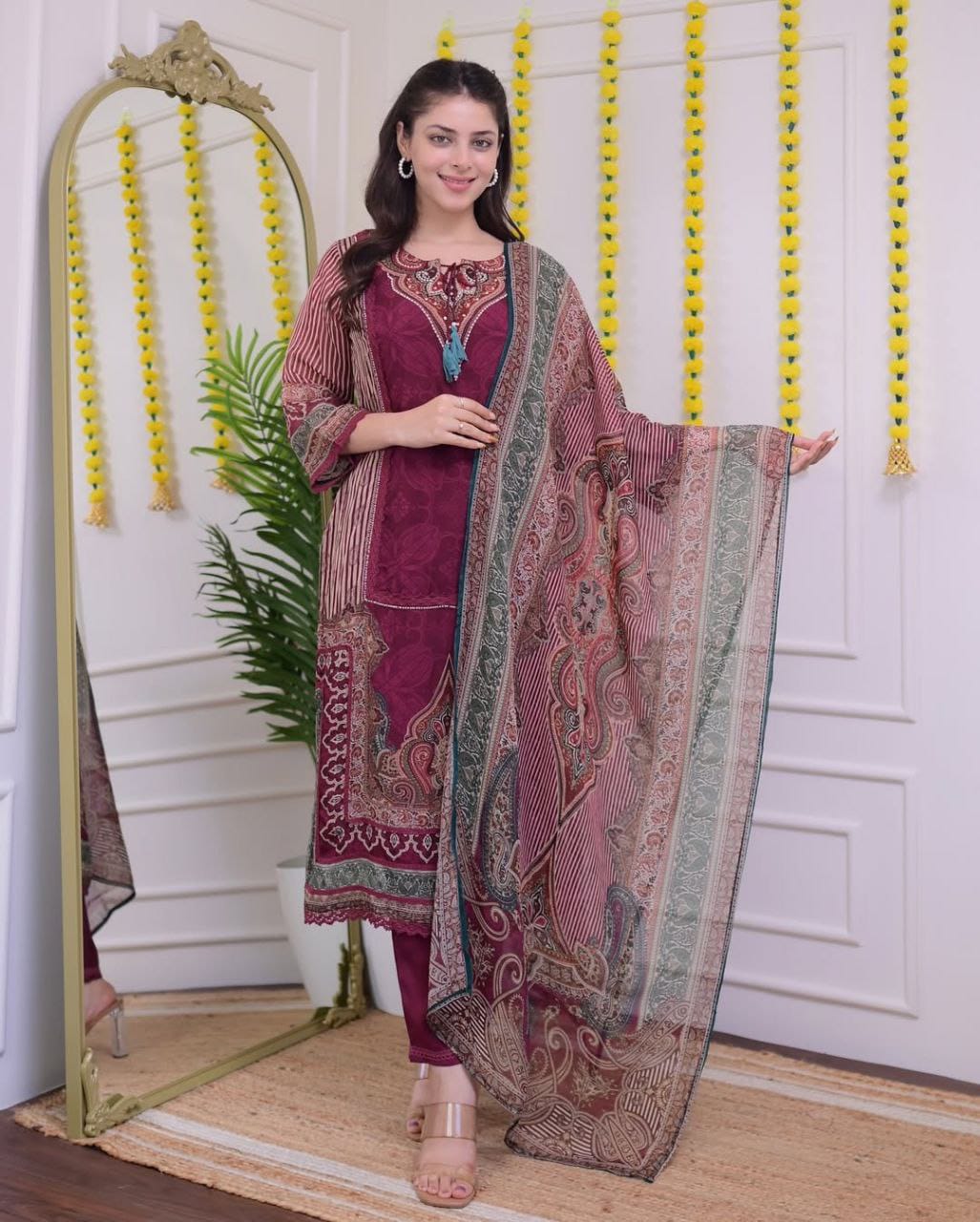 Beautiful Maroon Printed Straight Suit Set