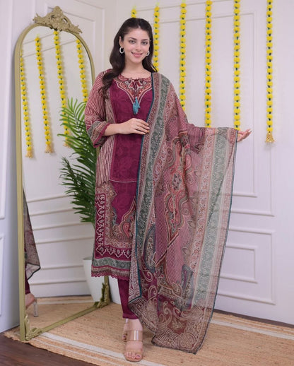 Beautiful Maroon Printed Straight Suit Set