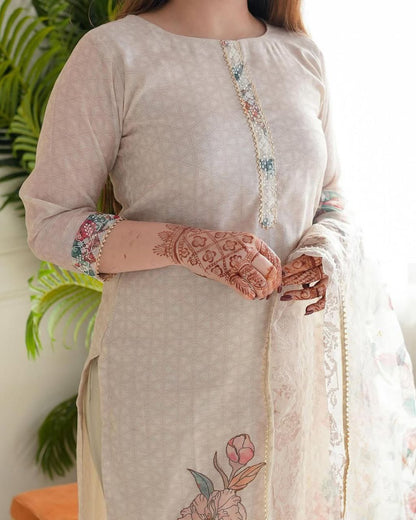 Premium Beige Floral Embroidered Ethnic Suit Set