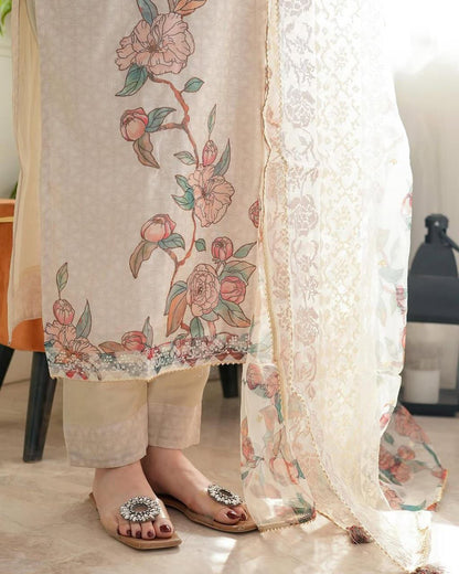 Premium Beige Floral Embroidered Ethnic Suit Set