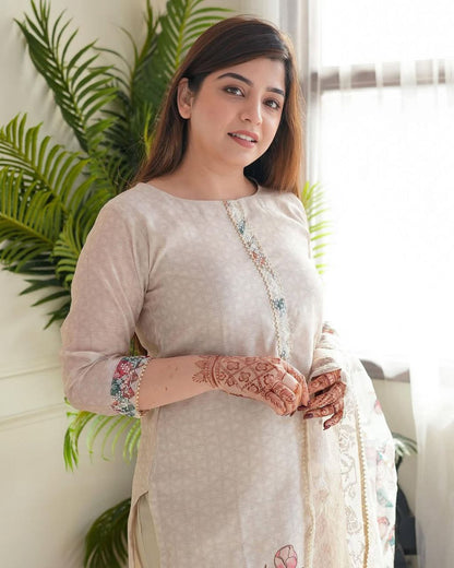 Premium Beige Floral Embroidered Ethnic Suit Set