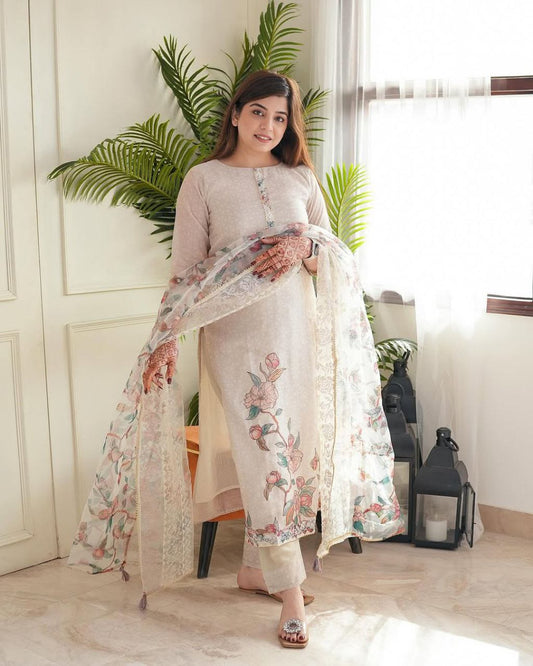 Premium Beige Floral Embroidered Ethnic Suit Set