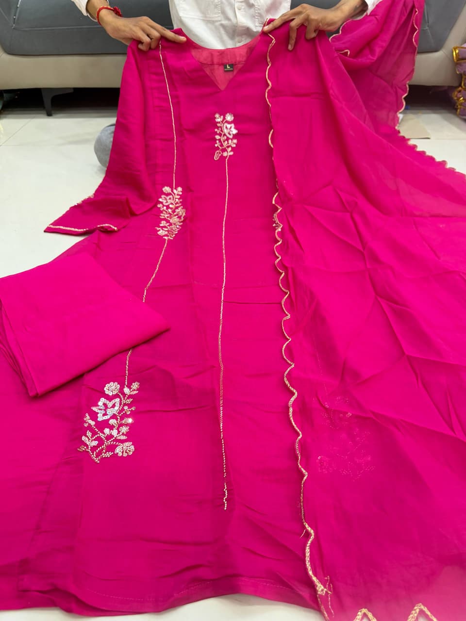Beautiful Rani Pink Floral Embroidered Anarkali Suit Set