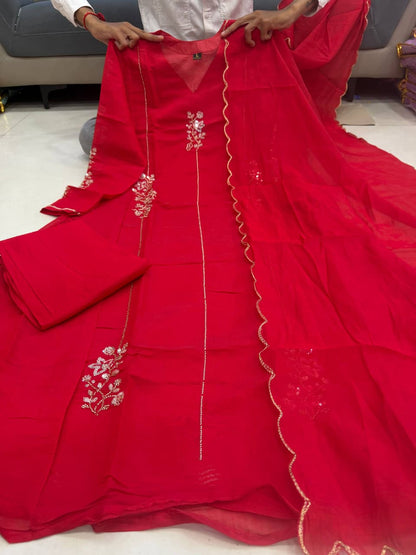 Charming Ruby Red Floral Embroidered Anarkali Suit Set