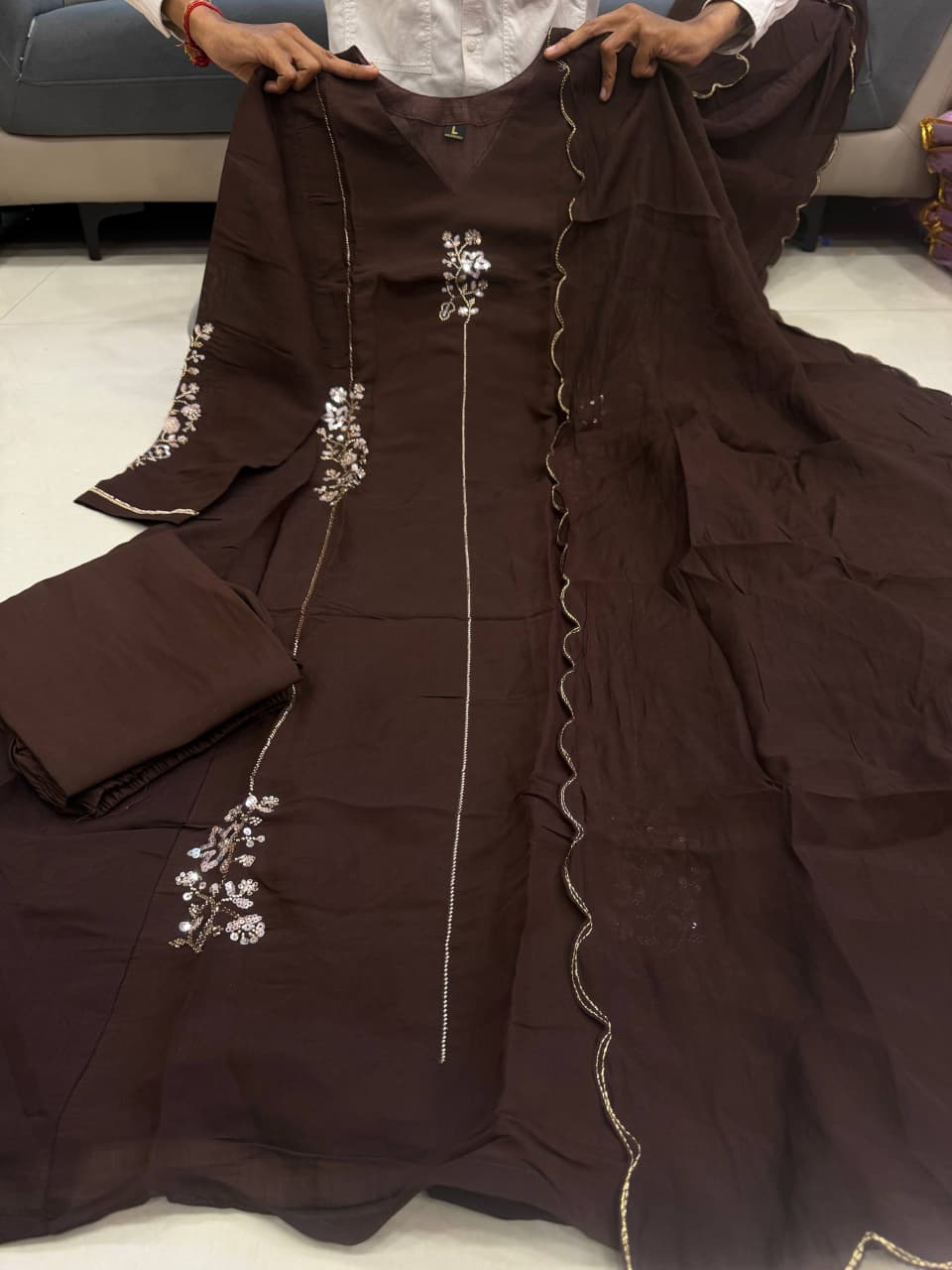 Elegant Mocha Brown Floral Embroidered Anarkali Suit Set