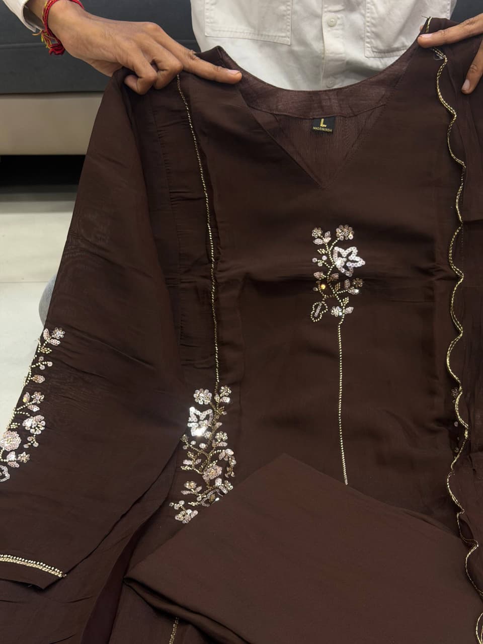 Elegant Mocha Brown Floral Embroidered Anarkali Suit Set