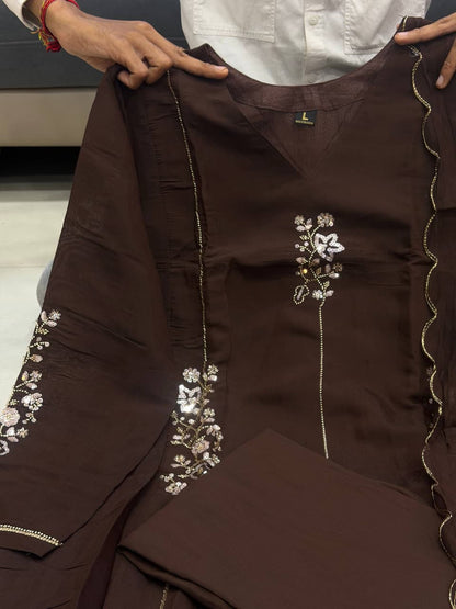 Elegant Mocha Brown Floral Embroidered Anarkali Suit Set