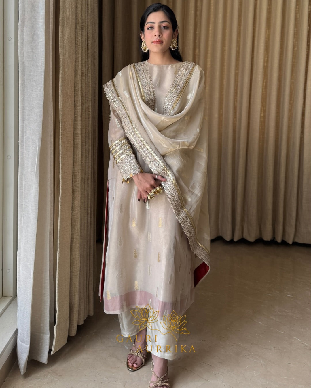 Beautiful Champagne Gold Embroidered Suit Set