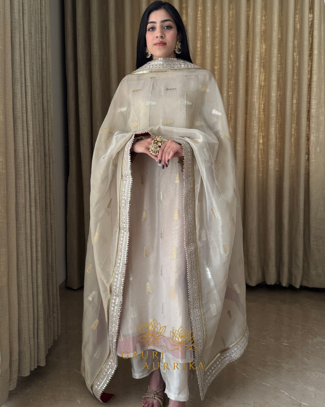 Beautiful Champagne Gold Embroidered Suit Set