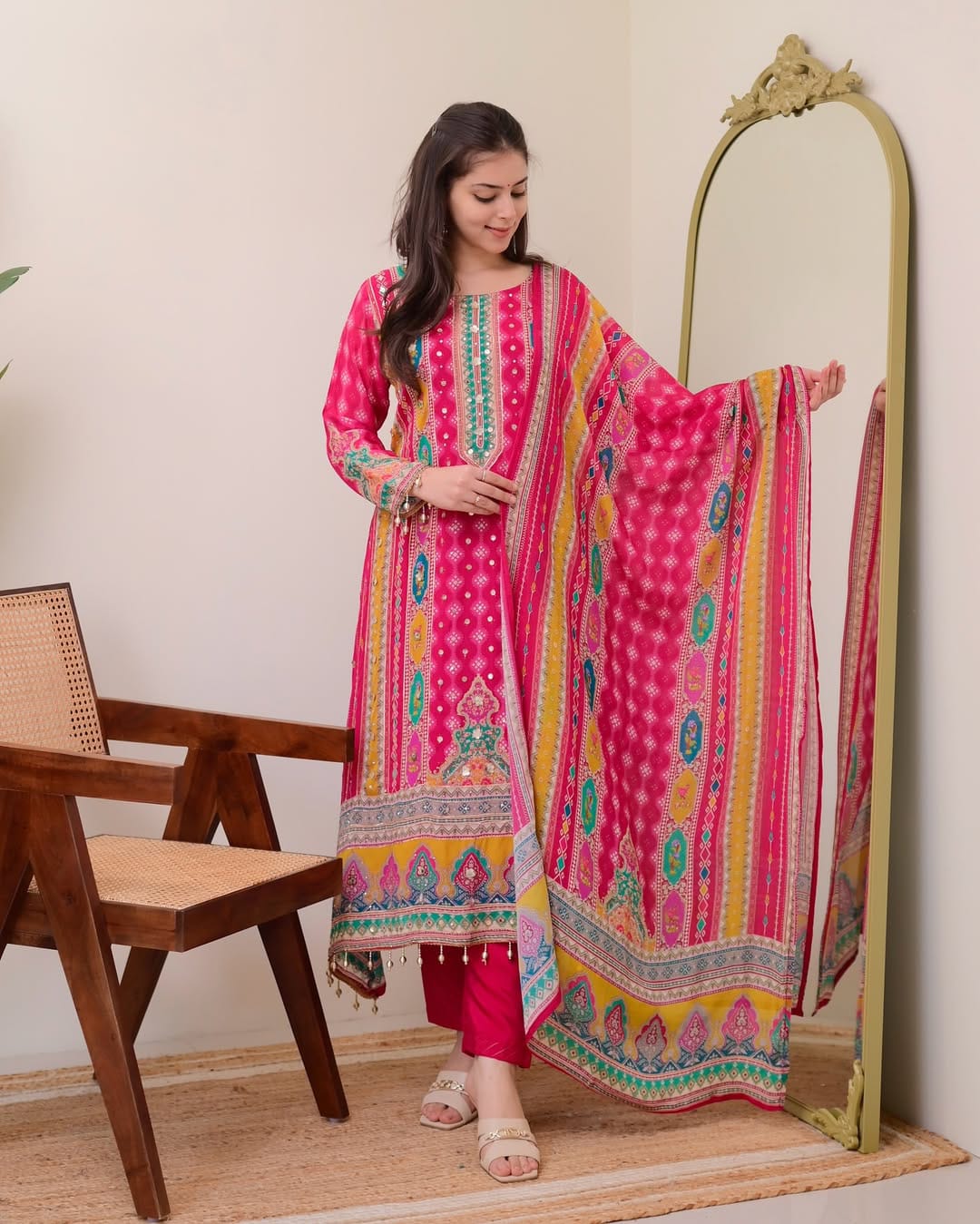 Charming Rani Pink Printed Kurta Pant Dupatta Set