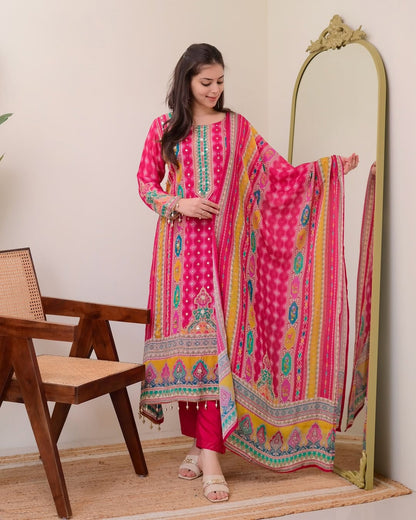 Charming Rani Pink Printed Kurta Pant Dupatta Set