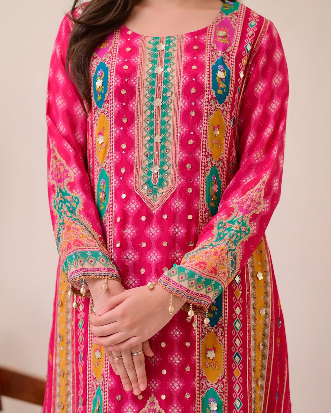 Charming Rani Pink Printed Kurta Pant Dupatta Set