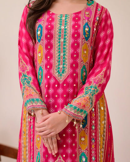 Charming Rani Pink Printed Kurta Pant Dupatta Set