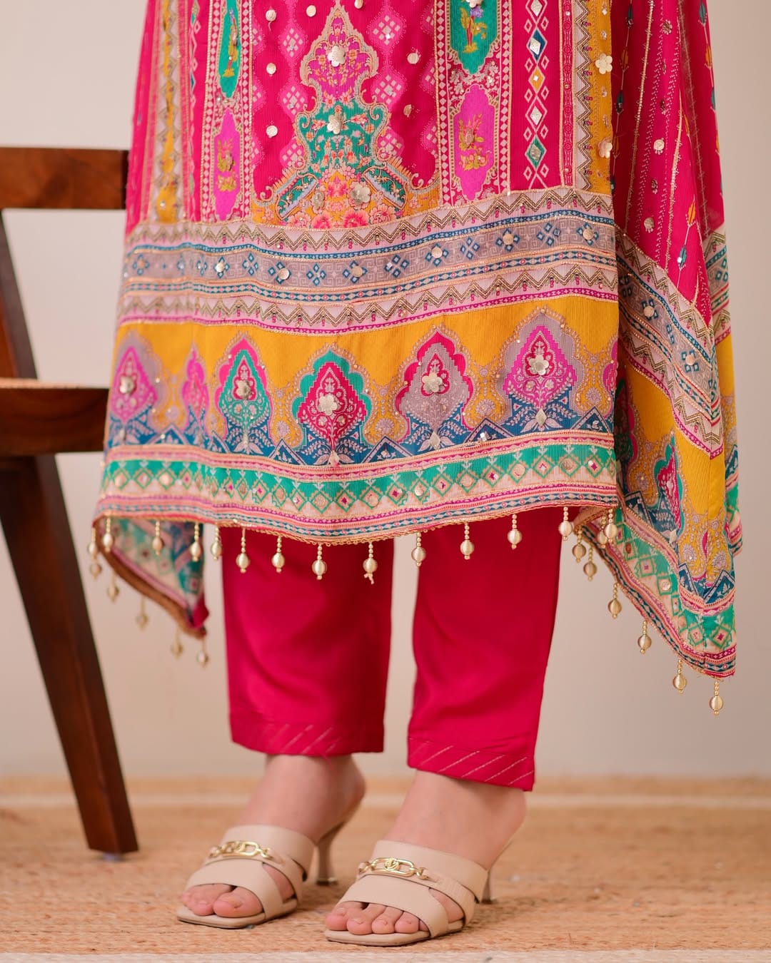 Charming Rani Pink Printed Kurta Pant Dupatta Set
