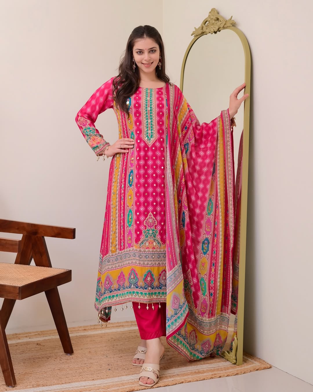 Charming Rani Pink Printed Kurta Pant Dupatta Set