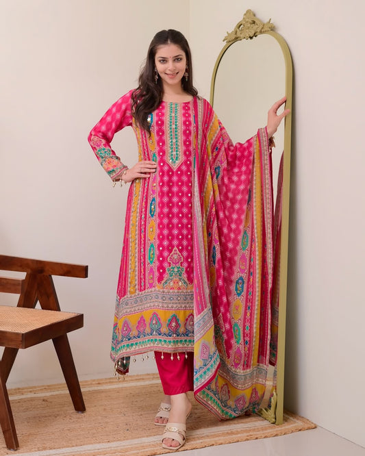 Charming Rani Pink Printed Kurta Pant Dupatta Set