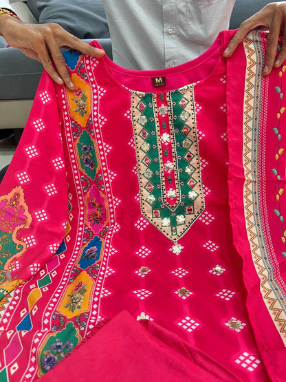 Charming Rani Pink Printed Kurta Pant Dupatta Set