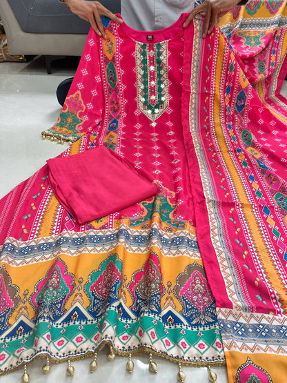 Charming Rani Pink Printed Kurta Pant Dupatta Set