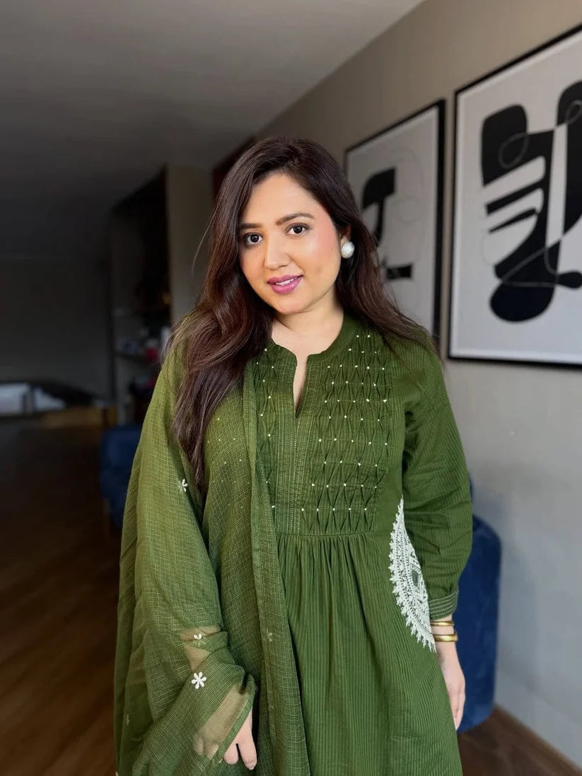 Olive Grace Pure Mul cotton Embroidered Flared Suit Set