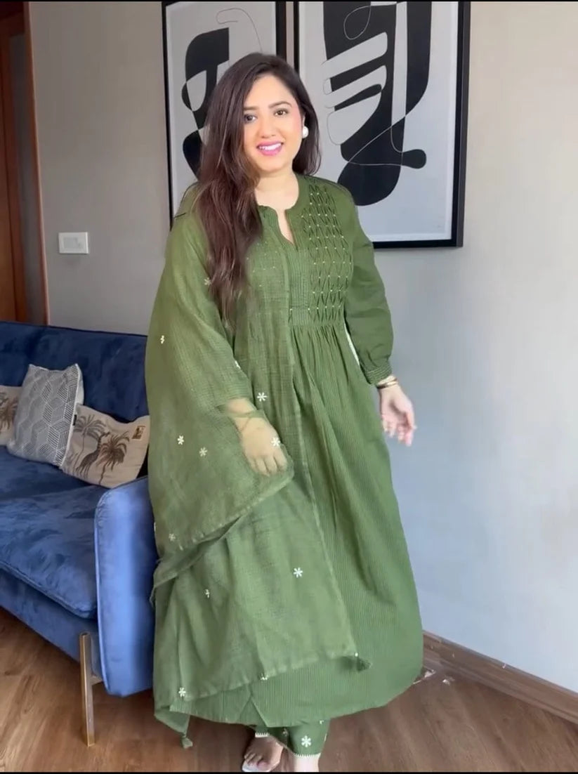 Olive Grace Pure Mul cotton Embroidered Flared Suit Set