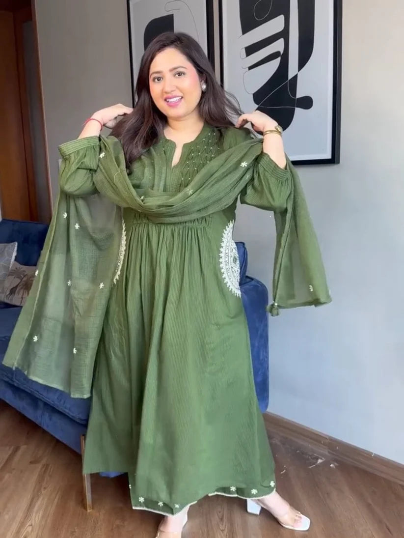 Olive Grace Pure Mul cotton Embroidered Flared Suit Set