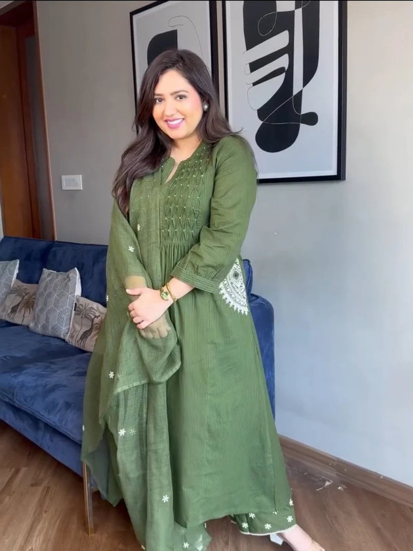 Olive Grace Pure Mul cotton Embroidered Flared Suit Set