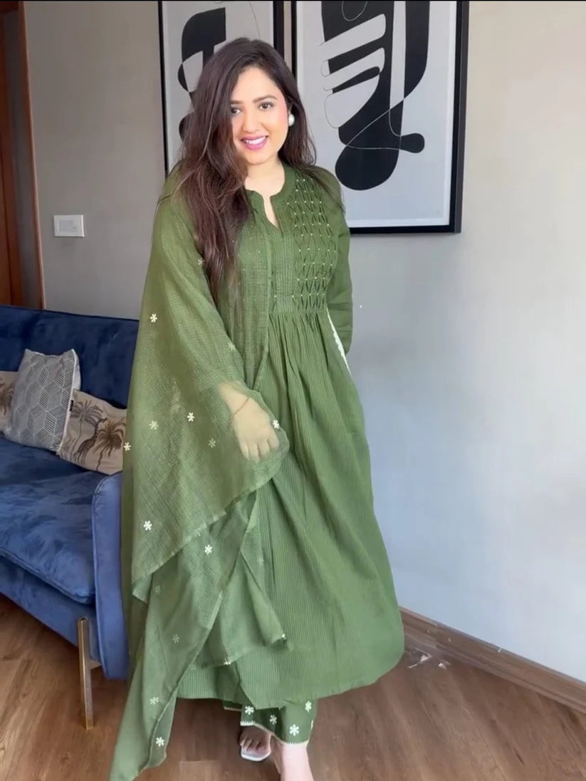 Olive Grace Pure Mul cotton Embroidered Flared Suit Set
