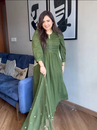 Olive Grace Pure Mul cotton Embroidered Flared Suit Set
