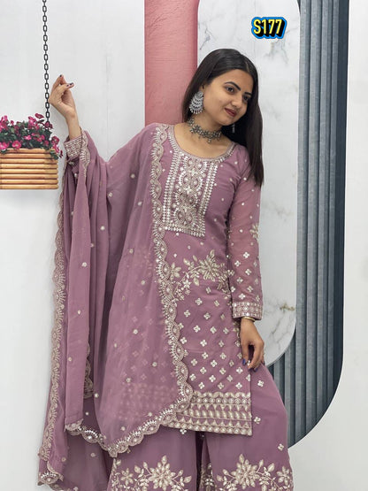 Ggorgeous Mauve Faux Georgette Kurta and Sharara Set with Intricate Embroidery