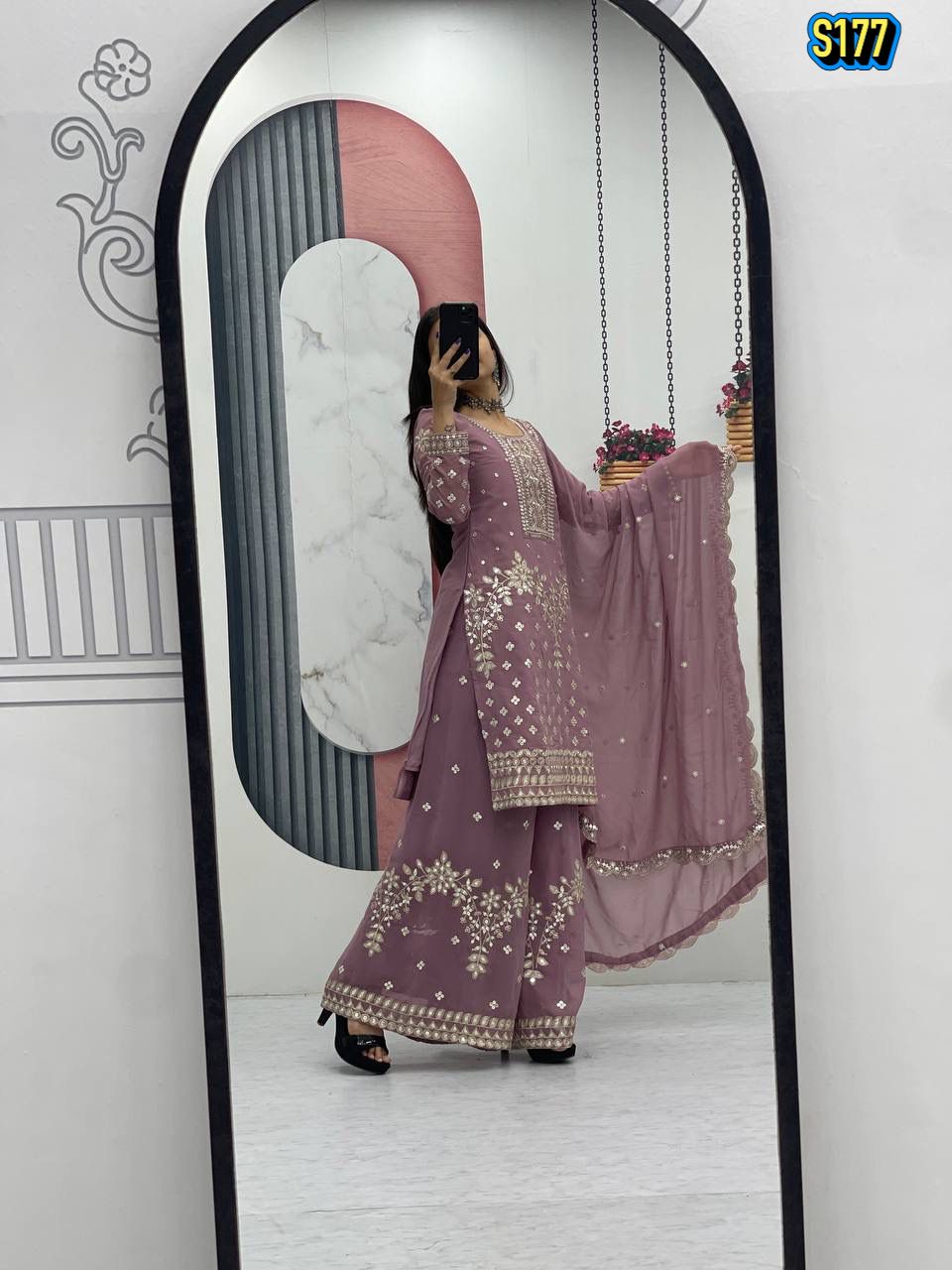 Ggorgeous Mauve Faux Georgette Kurta and Sharara Set with Intricate Embroidery