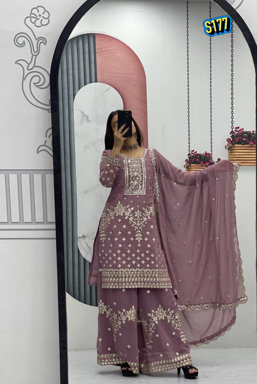 Ggorgeous Mauve Faux Georgette Kurta and Sharara Set with Intricate Embroidery