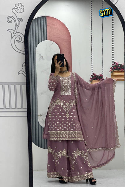 Ggorgeous Mauve Faux Georgette Kurta and Sharara Set with Intricate Embroidery